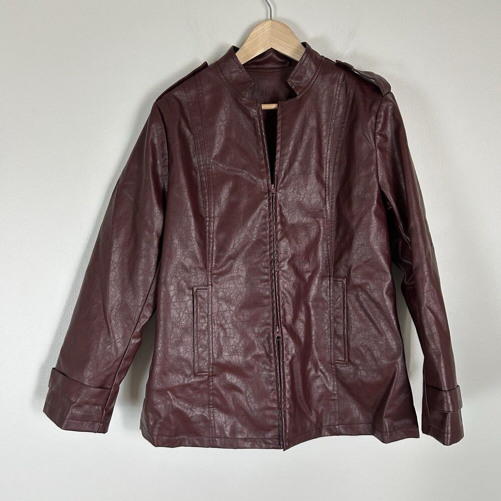 Red Burgundy L Faux Leather Jacket Moto Stand Up Collar 90s Double zipper